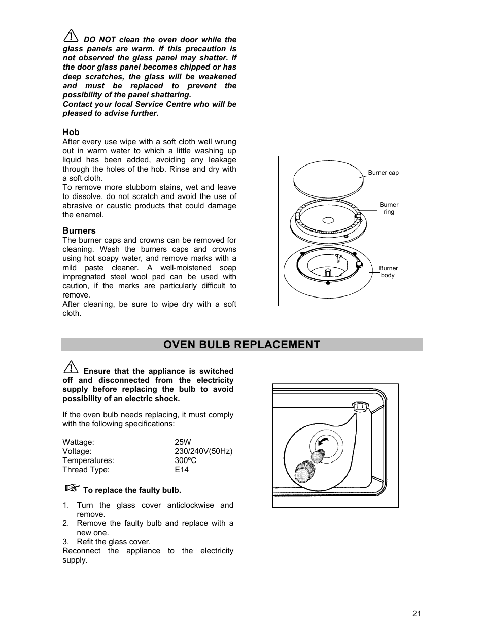 Oven bulb replacement | Zanussi ZCM 531 GB User Manual | Page 21 / 28