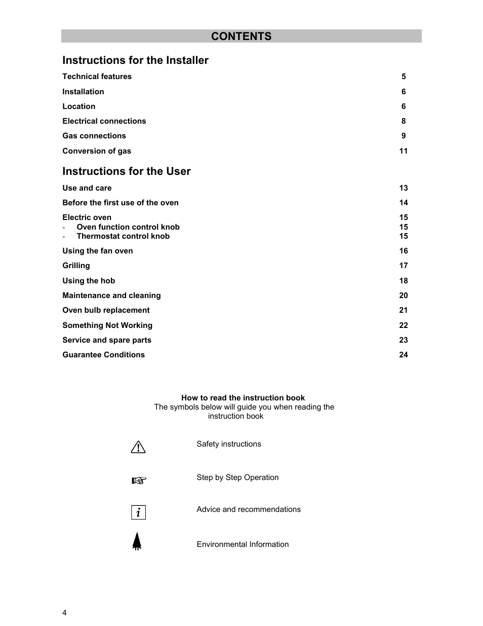 Contents instructions for the installer, Instructions for the user | Zanussi ZCM 531 GB User Manual | Page 4 / 28