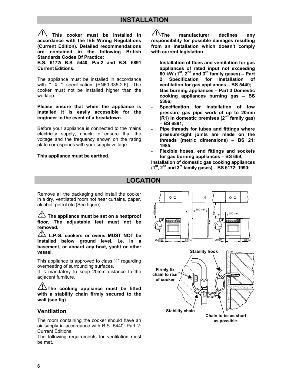 Installation, Location, Ventilation | Zanussi ZCM 531 GB User Manual | Page 6 / 28