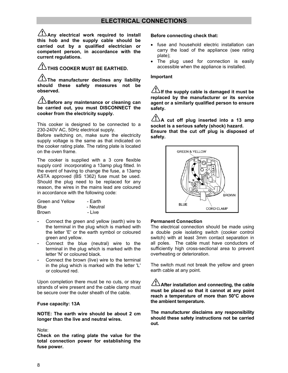 Electrical connections | Zanussi ZCM 531 GB User Manual | Page 8 / 28