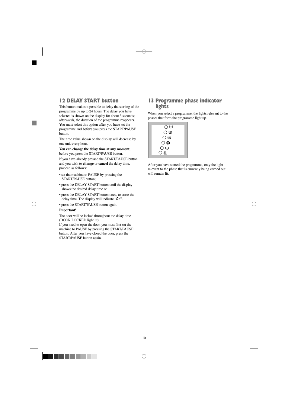 12 delay start button, 13 programme phase indicator lights | Zanussi WD 1250 W User Manual | Page 10 / 30