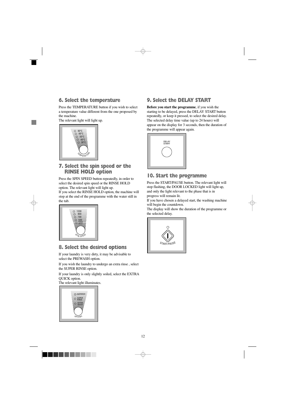 Select the temperature, Select the spin speed or the rinse hold option, Select the desired options | Select the delay start, Start the programme | Zanussi WD 1250 W User Manual | Page 12 / 30