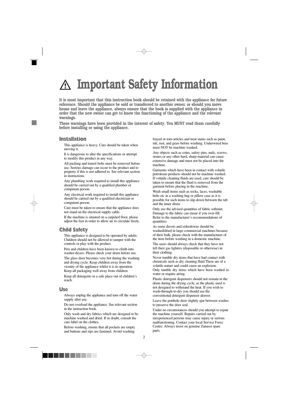 Important safety information, Installation, Child safety | Zanussi WD 1250 W User Manual | Page 2 / 30