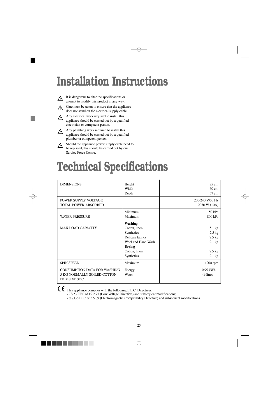 Installation instructions technical specifications | Zanussi WD 1250 W User Manual | Page 25 / 30