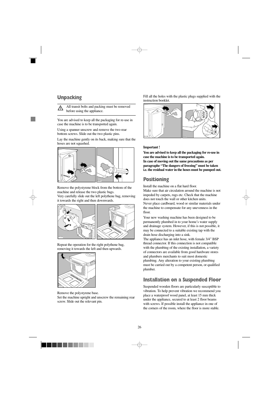 Unpacking, Positioning, Installation on a suspended floor | Zanussi WD 1250 W User Manual | Page 26 / 30