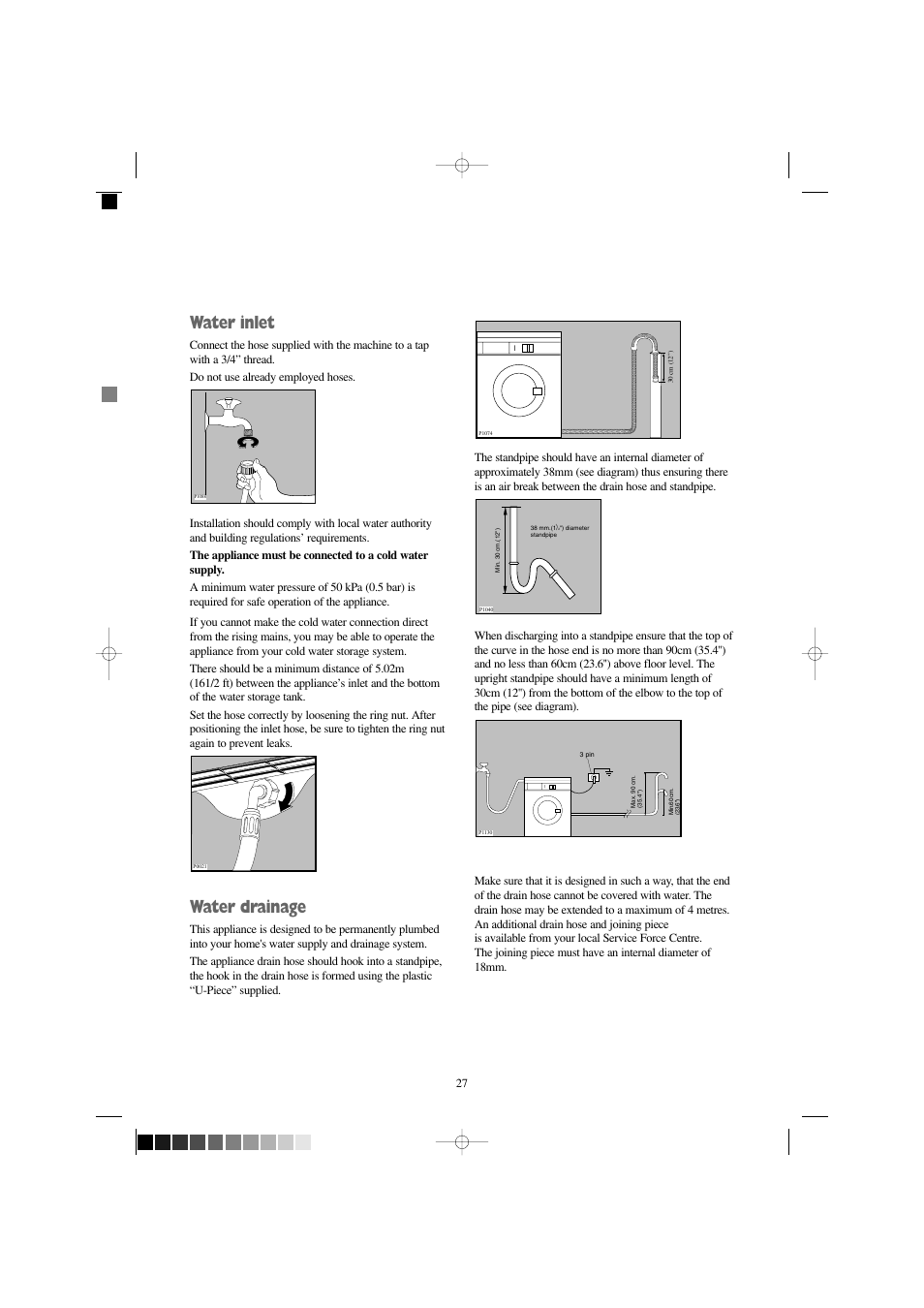 Water inlet, Water drainage | Zanussi WD 1250 W User Manual | Page 27 / 30