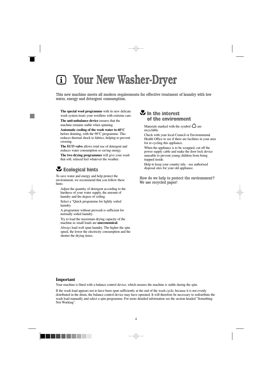 Your new washer-dryer, Ecological hints, Important | Zanussi WD 1250 W User Manual | Page 4 / 30