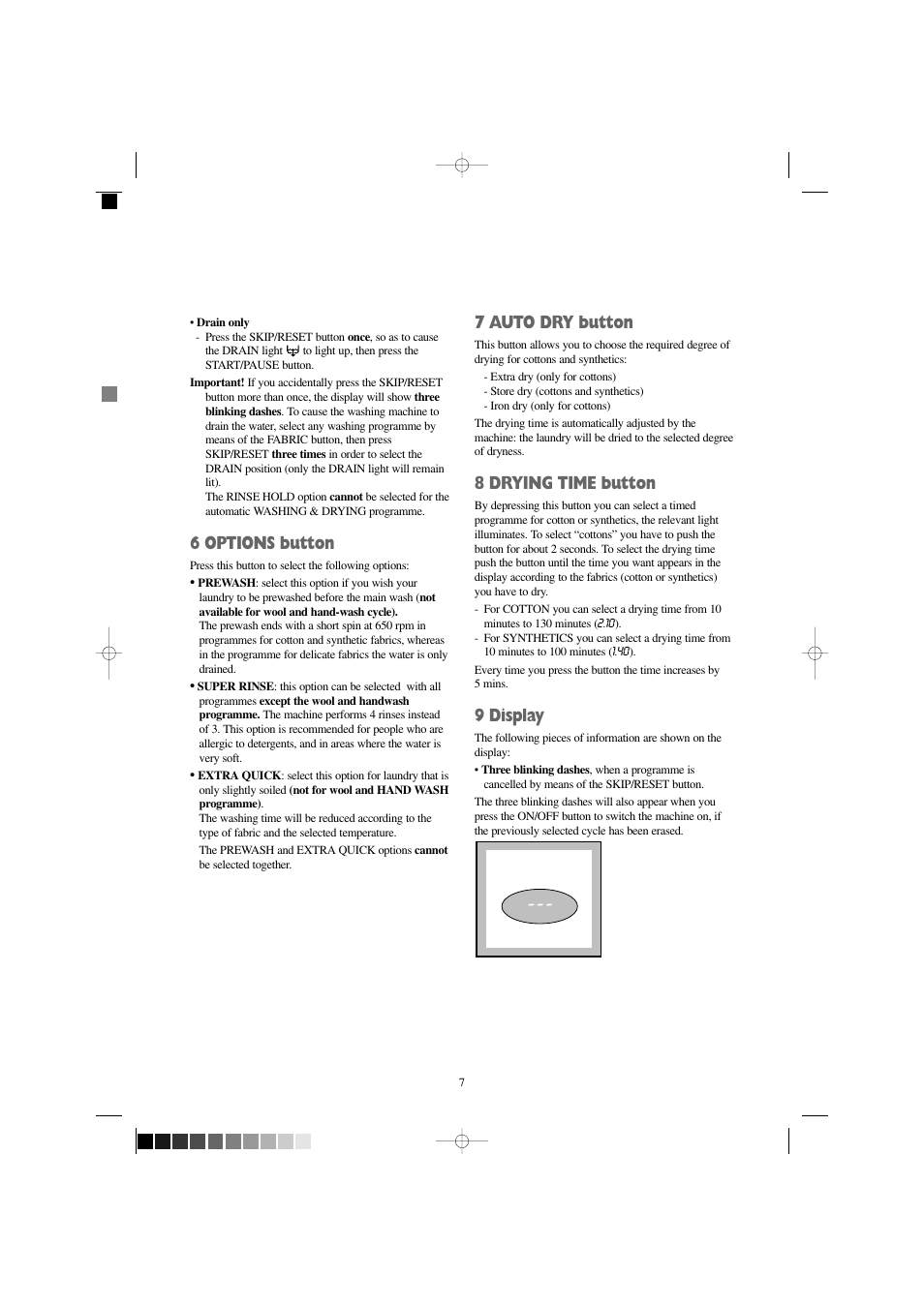 6 options button, 7 auto dry button, 8 drying time button | 9 display | Zanussi WD 1250 W User Manual | Page 7 / 30