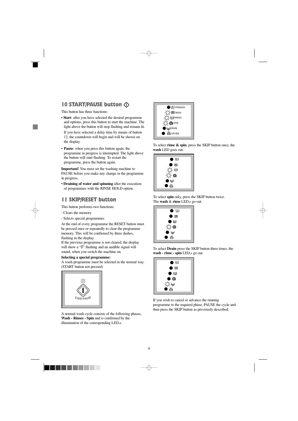10 start/pause button, 11 skip/reset button | Zanussi WD 1250 W User Manual | Page 9 / 30
