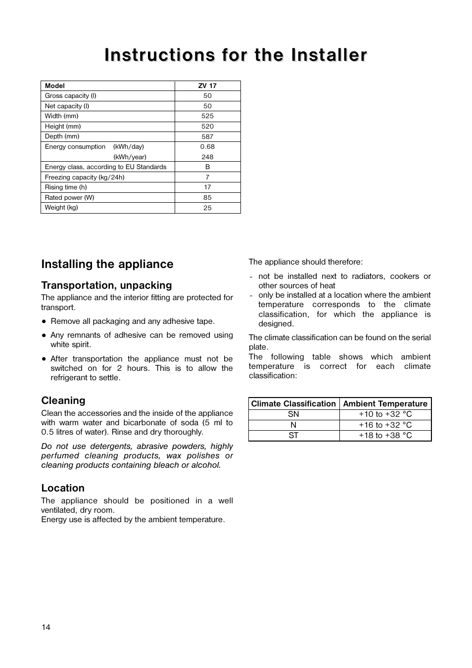 Installing the appliance | Zanussi ZV 17 User Manual | Page 14 / 16