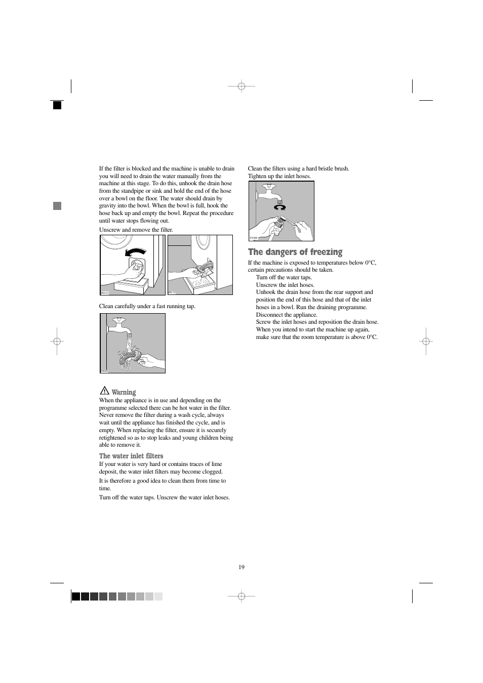 The dangers of freezing, Warning, The water inlet filters | Zanussi W 1242 W User Manual | Page 19 / 28