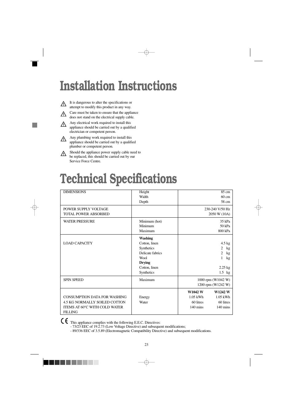 Installation instructions technical specifications | Zanussi W 1242 W User Manual | Page 23 / 28