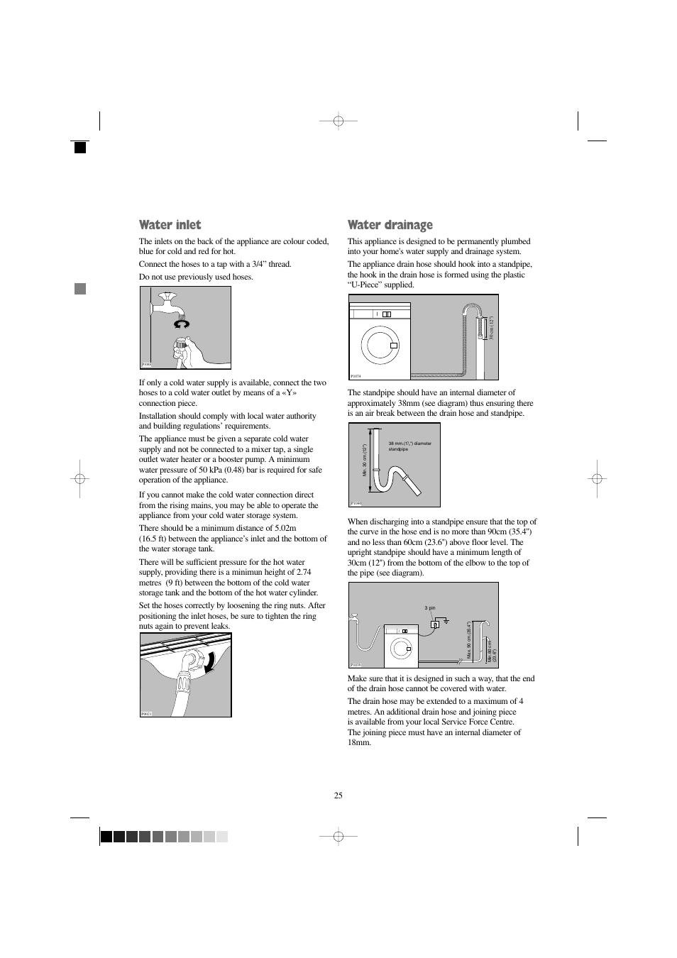 Water inlet, Water drainage | Zanussi W 1242 W User Manual | Page 25 / 28