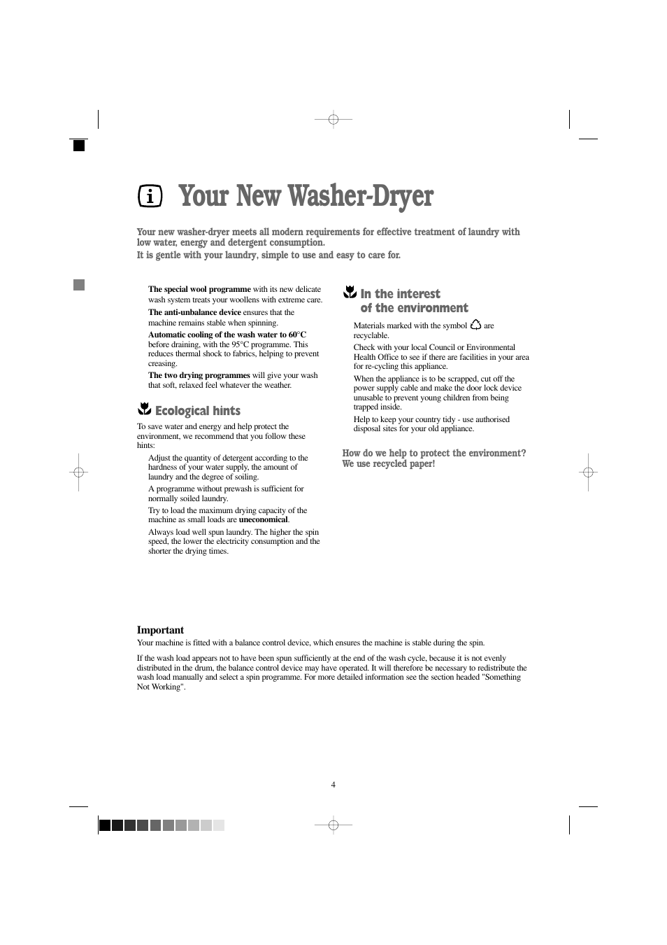 Your new washer-dryer, Ecological hints | Zanussi W 1242 W User Manual | Page 4 / 28