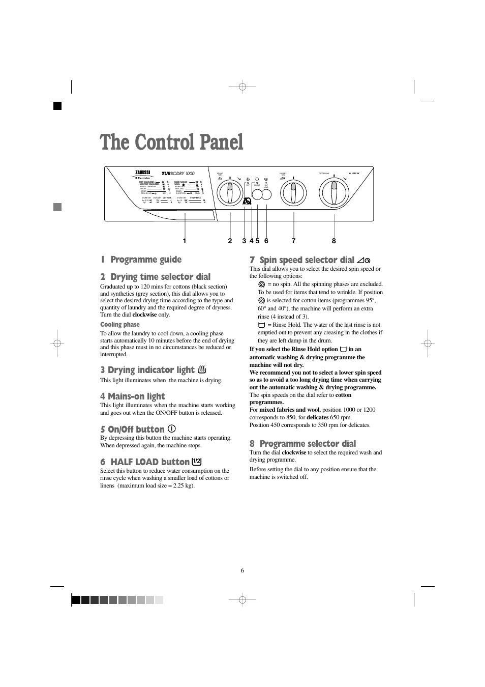 The control panel, 7 spin speed selector dial, 8 programme selector dial | 1 programme guide 2 drying time selector dial, 3 drying indicator light, 4 mains-on light, 5 on/off button, 6 half load button, Anussi, Uality | Zanussi W 1242 W User Manual | Page 6 / 28