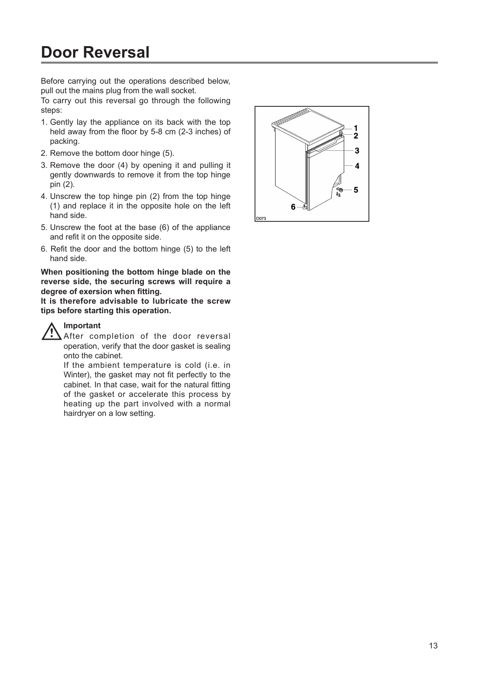 Door reversal | Zanussi ZEUT 6173 S User Manual | Page 13 / 16