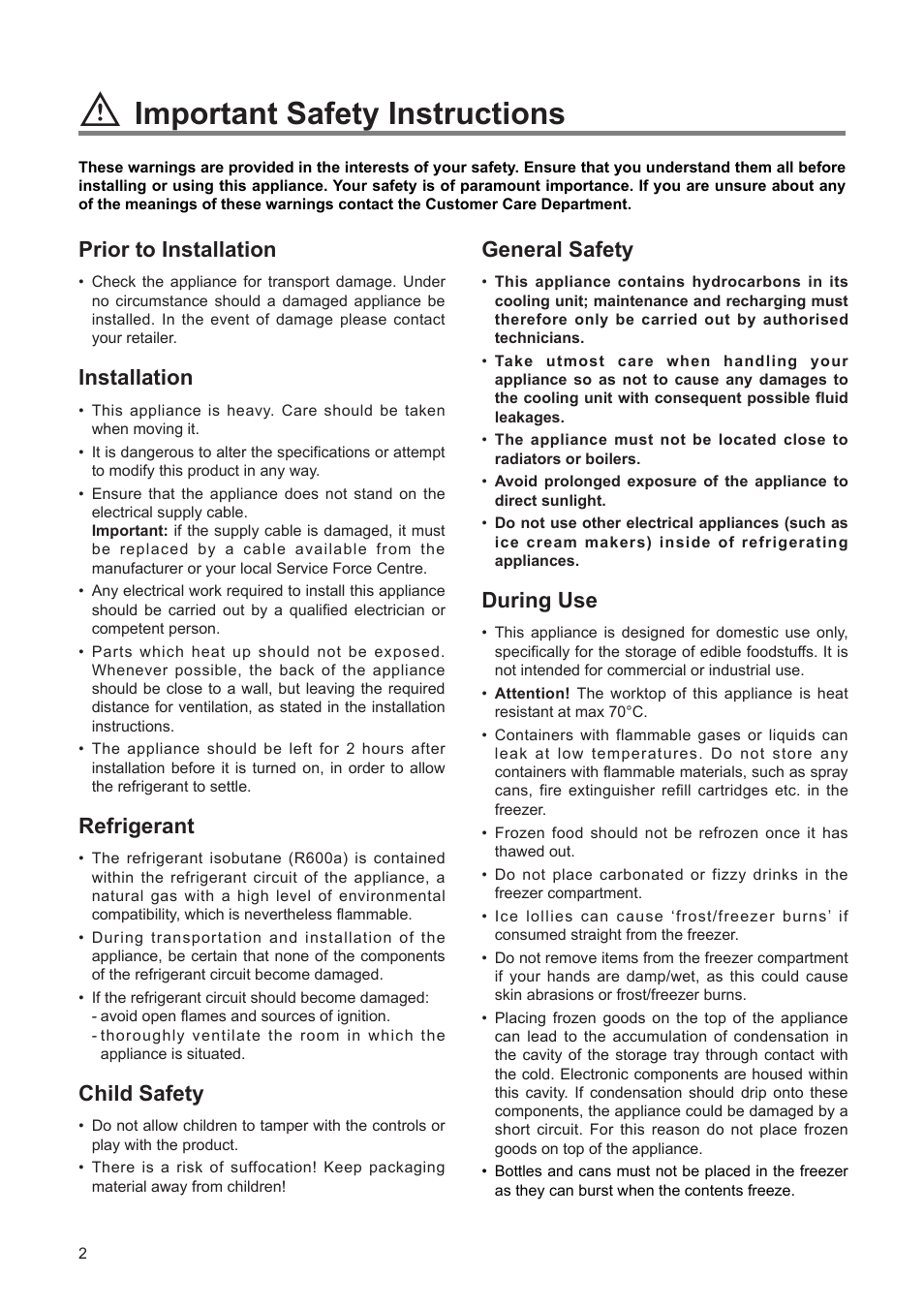 Important safety instructions, General safety, During use | Prior to installation, Installation, Refrigerant, Child safety | Zanussi ZEUT 6173 S User Manual | Page 2 / 16