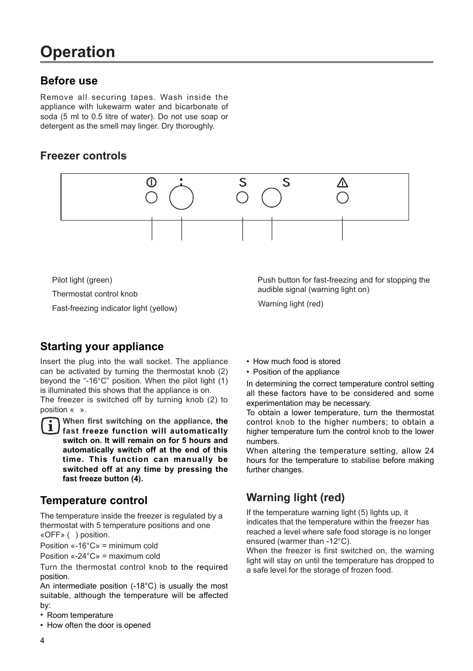 Operation, Before use, Freezer controls starting your appliance | Temperature control, Warning light (red) | Zanussi ZEUT 6173 S User Manual | Page 4 / 16