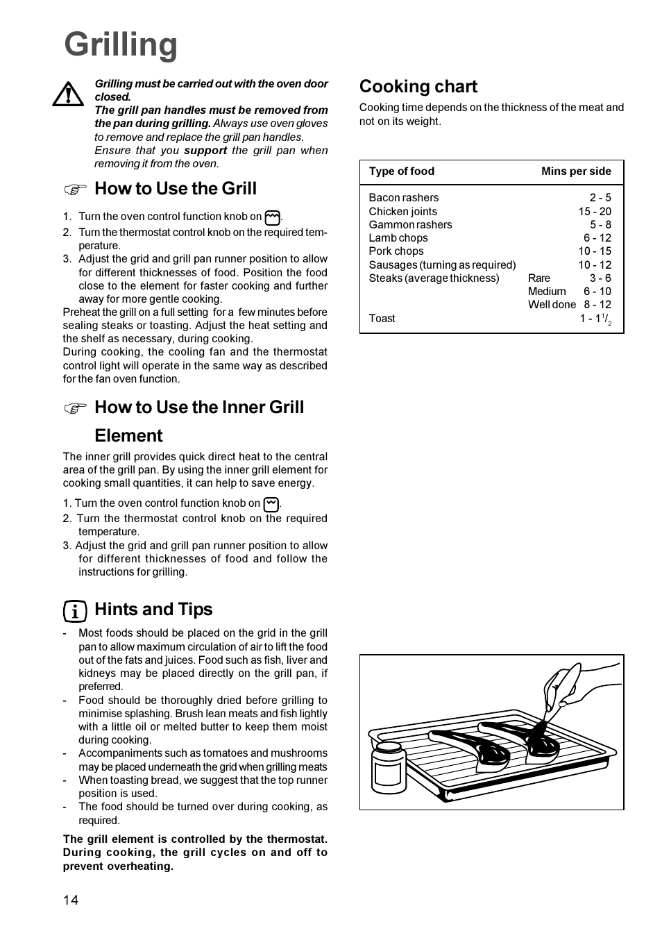 Grilling, How to use the grill, How to use the inner grill element | Hints and tips, Cooking chart, Oi l | Zanussi ZBQ 665 User Manual | Page 14 / 24