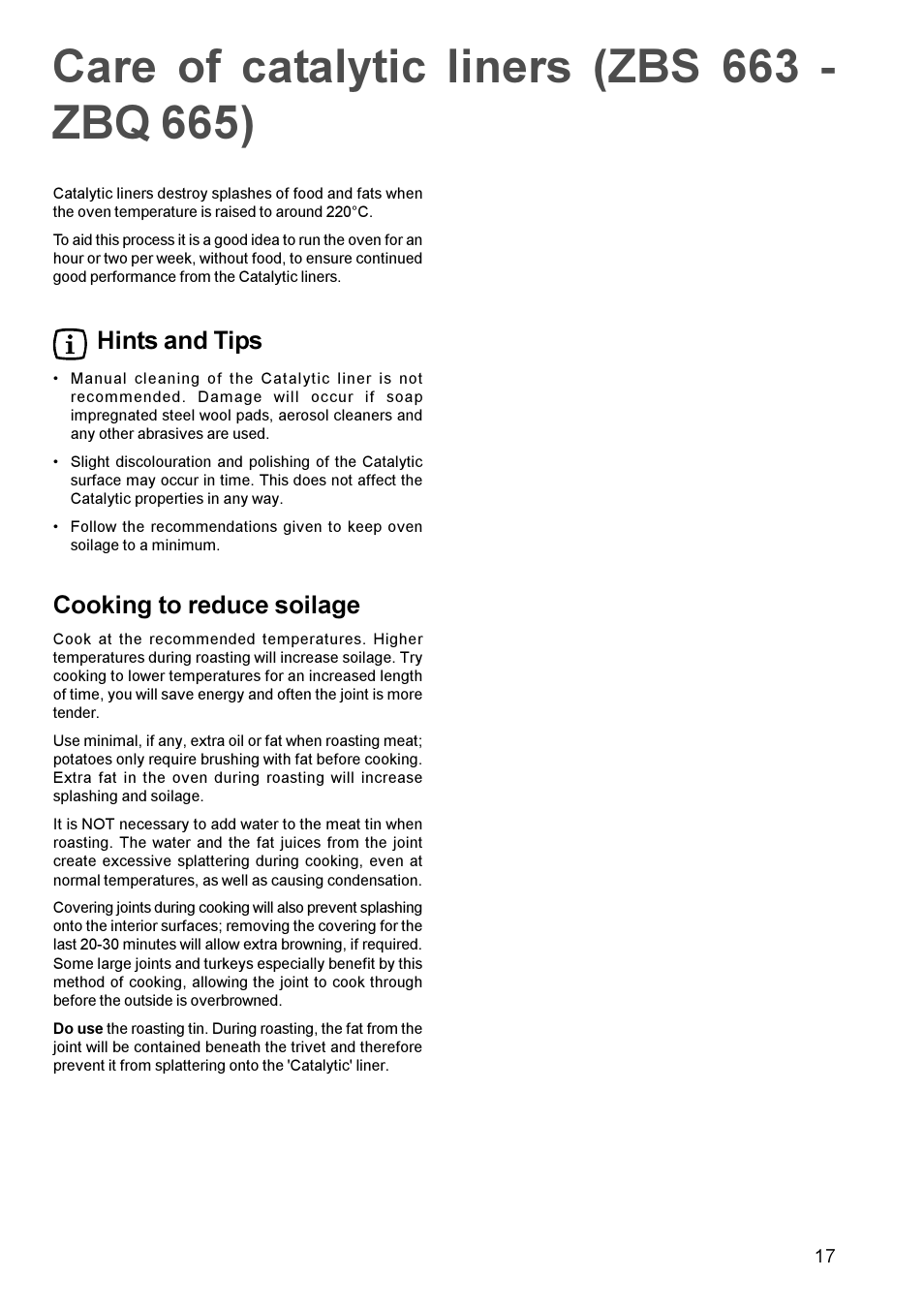 Hints and tips, Cooking to reduce soilage | Zanussi ZBQ 665 User Manual | Page 17 / 24