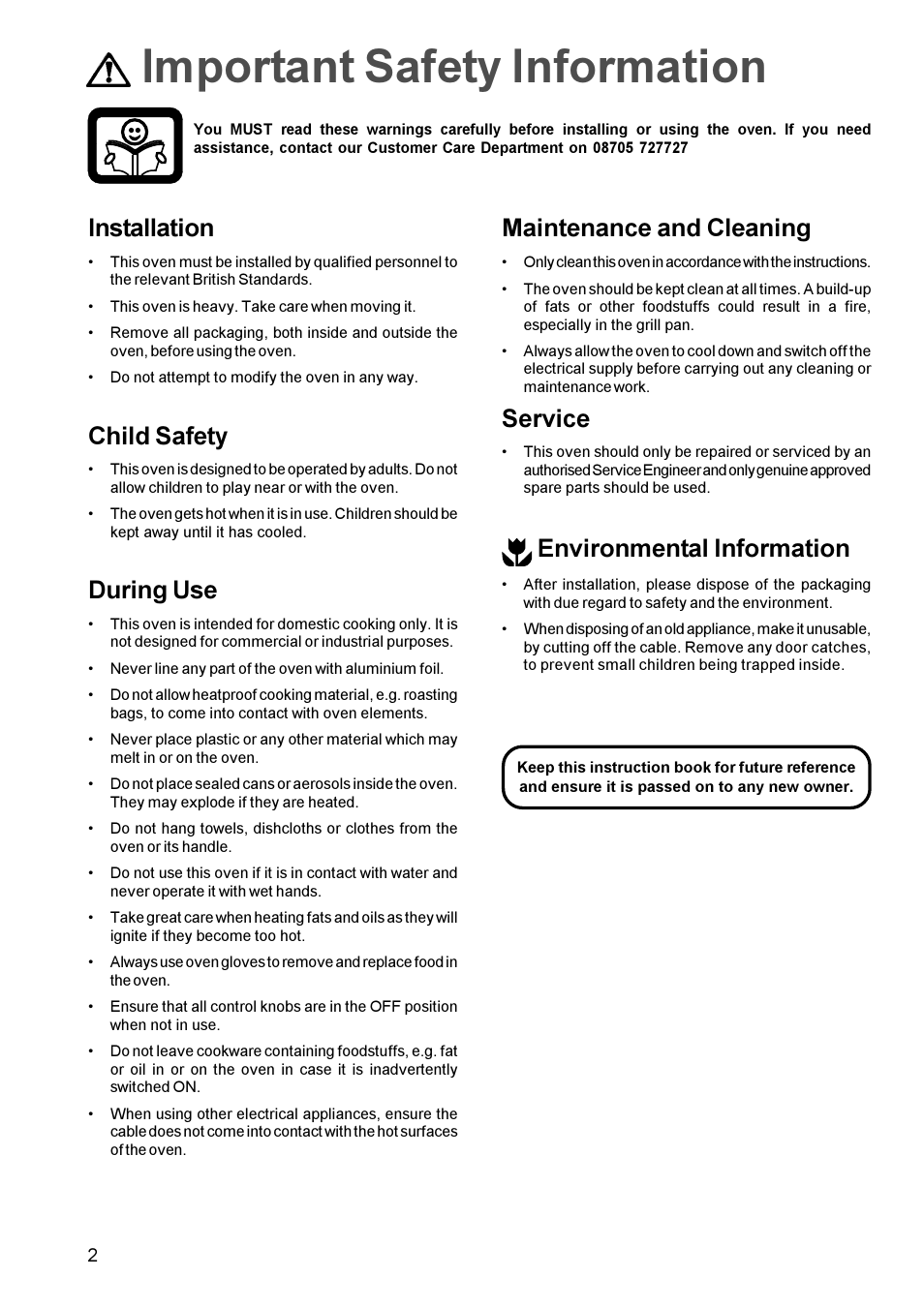 Important safety information, Installation, Child safety | During use, Maintenance and cleaning, Service, Environmental information | Zanussi ZBQ 665 User Manual | Page 2 / 24