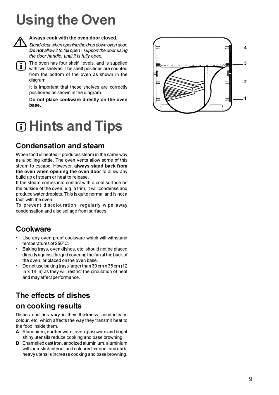 Hints and tips using the oven, Condensation and steam, Cookware | The effects of dishes on cooking results | Zanussi ZBQ 665 User Manual | Page 9 / 24