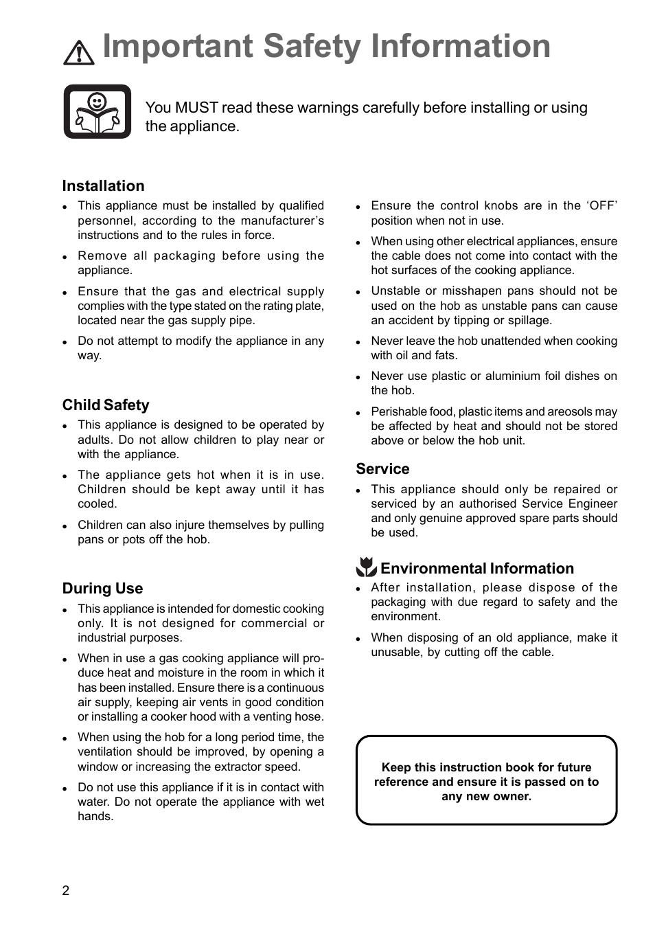 Important safety information, Child safety, During use | Service, Environmental information | Zanussi GAS HOB ZGG 659 User Manual | Page 2 / 11