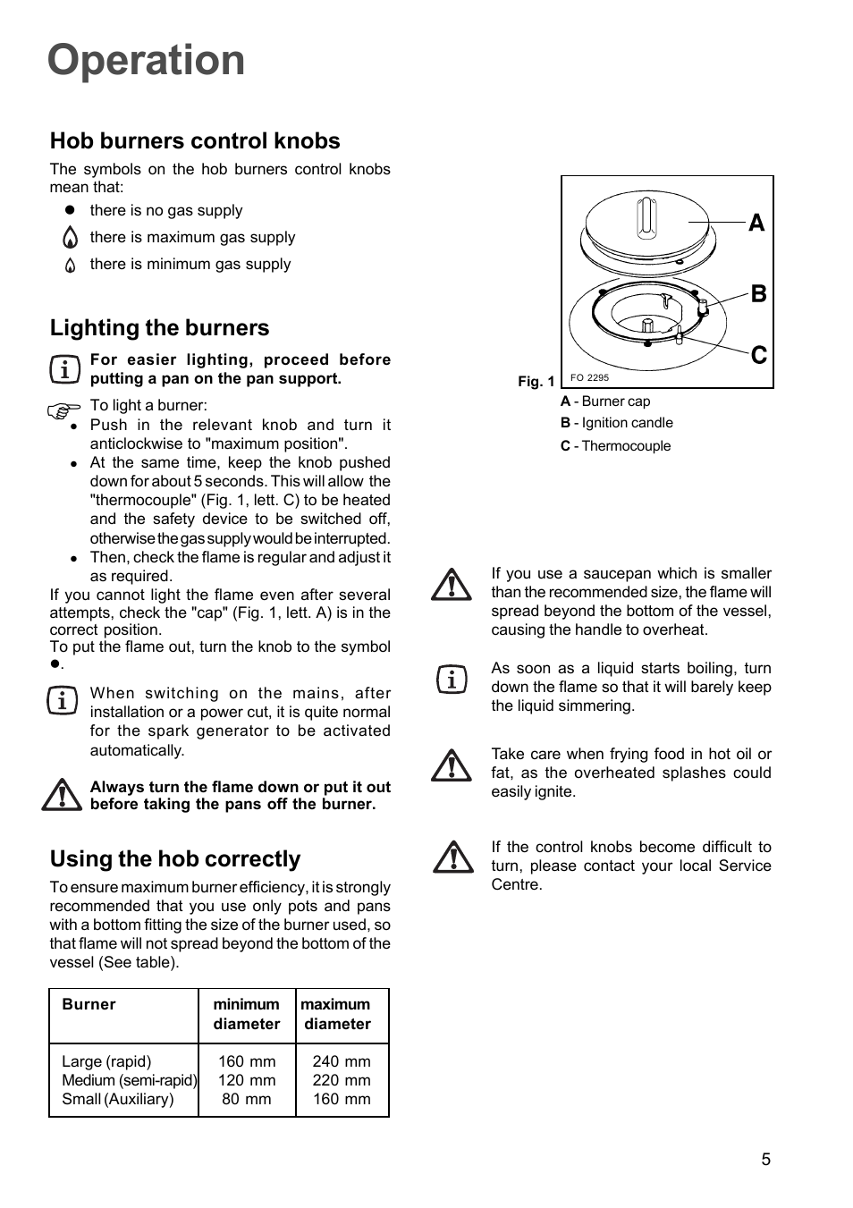 Operation, Hob burners control knobs, Lighting the burners | Using the hob correctly | Zanussi GAS HOB ZGG 659 User Manual | Page 5 / 11