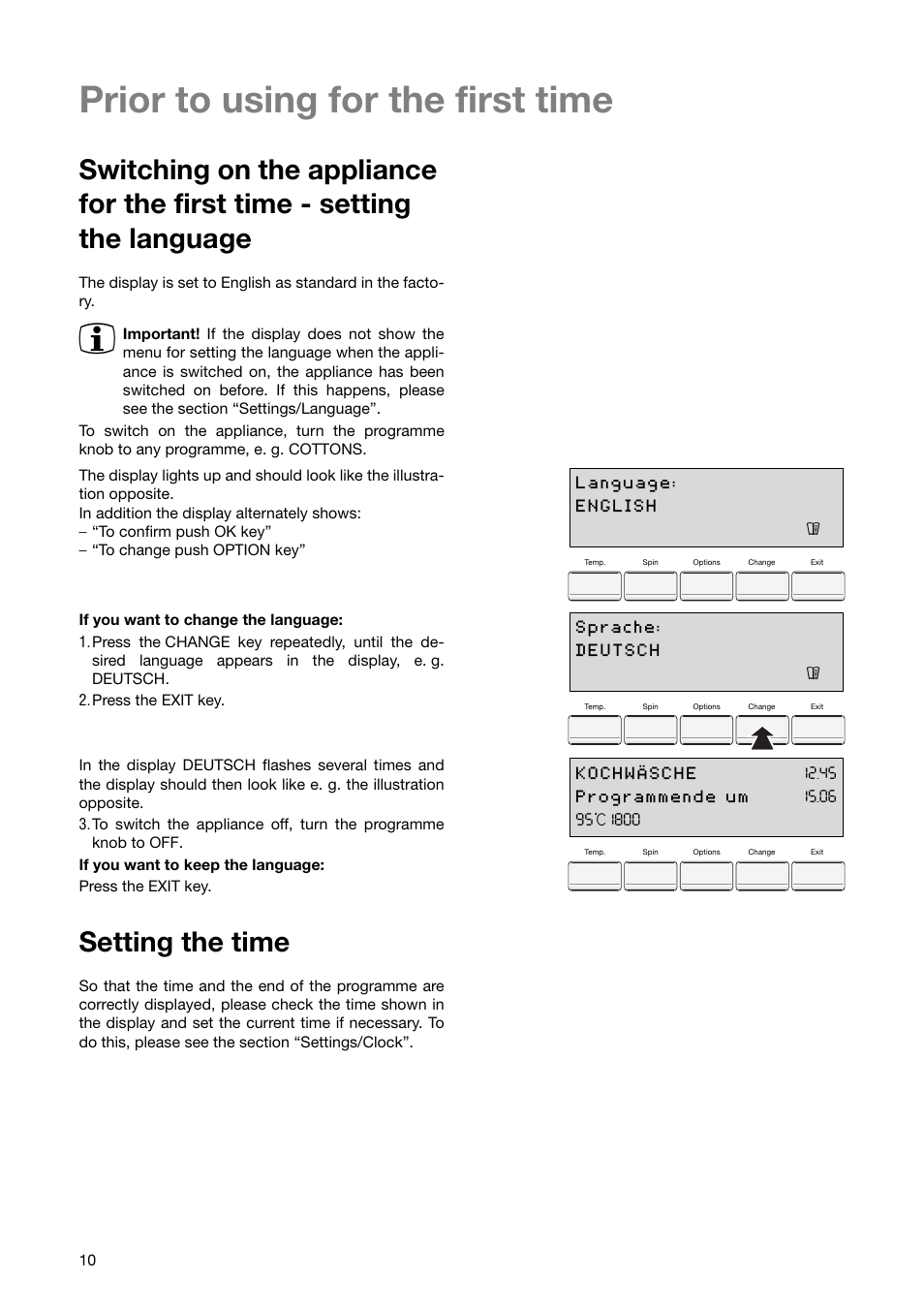 Prior to using for the first time, Setting the time | Zanussi ZWF 1850 W User Manual | Page 10 / 40