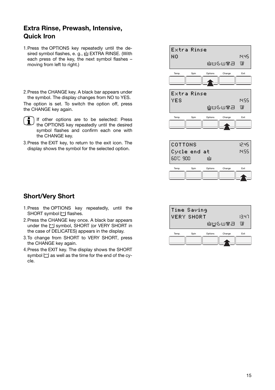 Extra rinse, prewash, intensive, quick iron, Short/very short | Zanussi ZWF 1850 W User Manual | Page 15 / 40