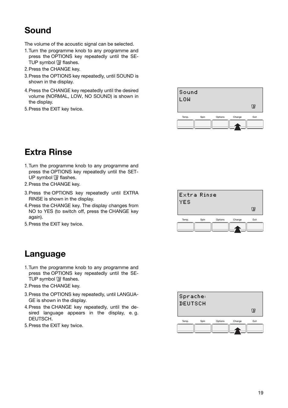 Sound, Extra rinse, Language | Zanussi ZWF 1850 W User Manual | Page 19 / 40