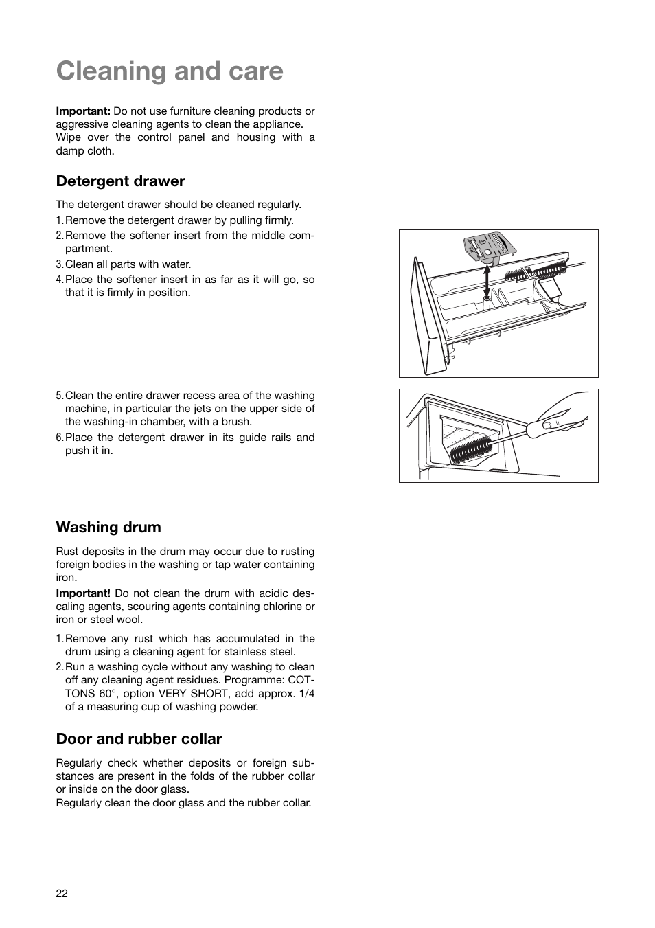 Cleaning and care, Detergent drawer, Washing drum | Door and rubber collar | Zanussi ZWF 1850 W User Manual | Page 22 / 40