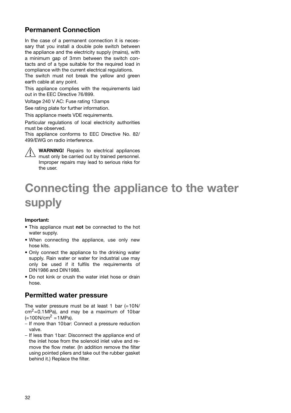Connecting the appliance to the water supply, Permanent connection, Permitted water pressure | Zanussi ZWF 1850 W User Manual | Page 32 / 40
