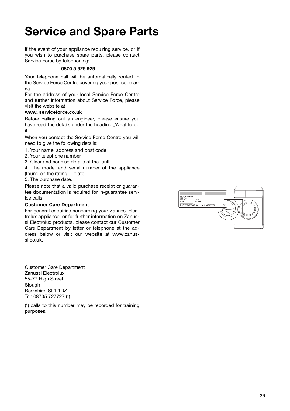 Service and spare parts | Zanussi ZWF 1850 W User Manual | Page 39 / 40