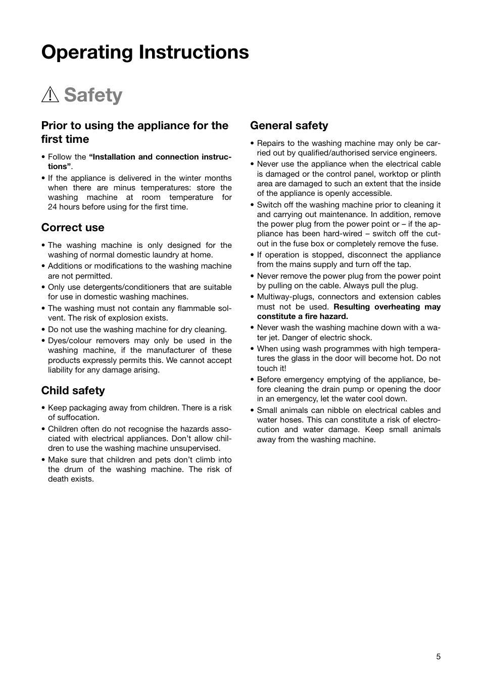 Operating instructions 1 safety, Prior to using the appliance for the first time, Correct use | Child safety, General safety | Zanussi ZWF 1850 W User Manual | Page 5 / 40