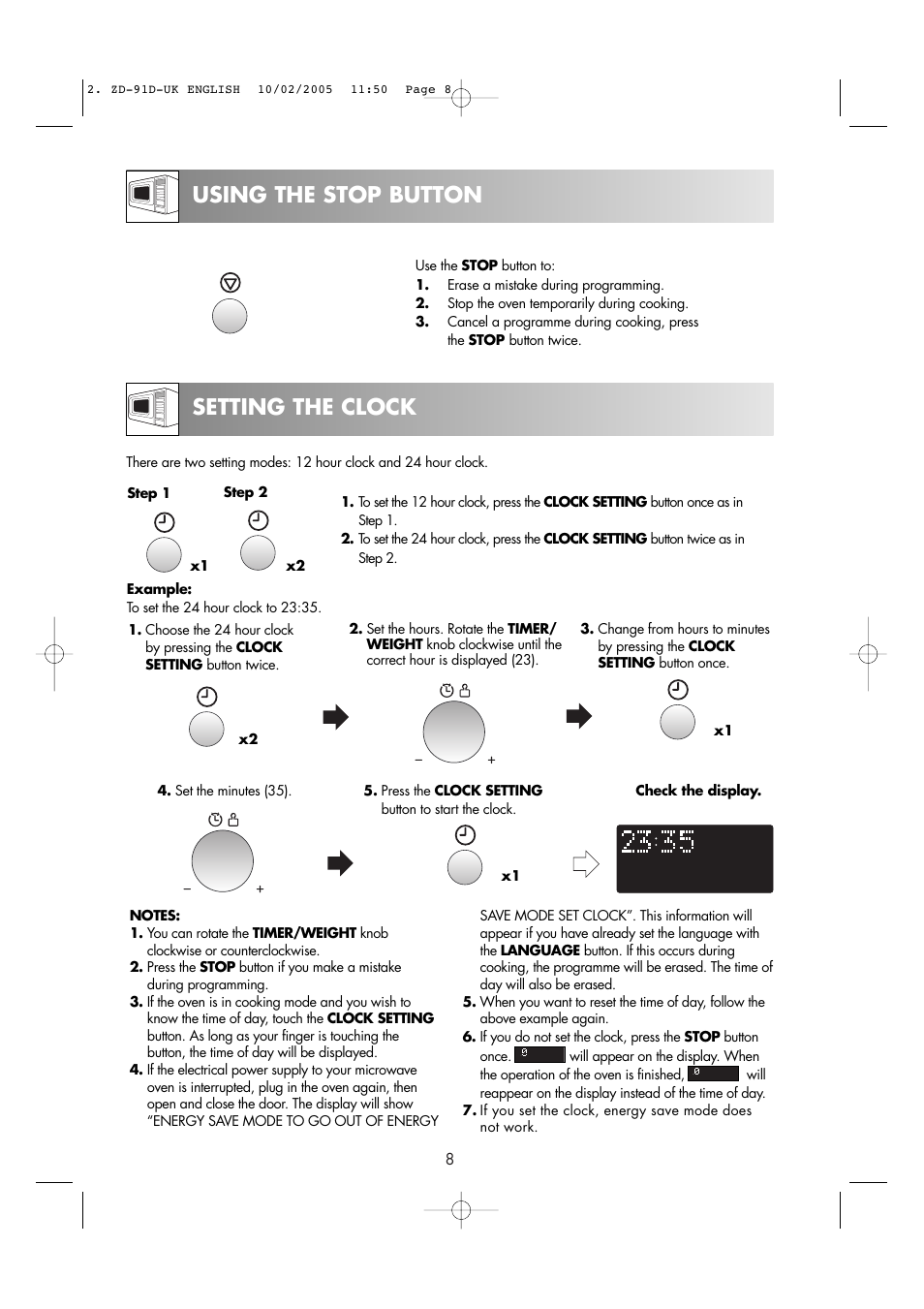 Using the stop button setting the clock | Zanussi ZMC40ST User Manual | Page 10 / 44