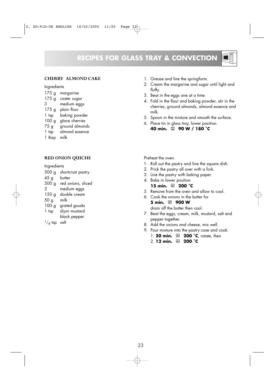 Recipes for glass tray & convection | Zanussi ZMC40ST User Manual | Page 25 / 44