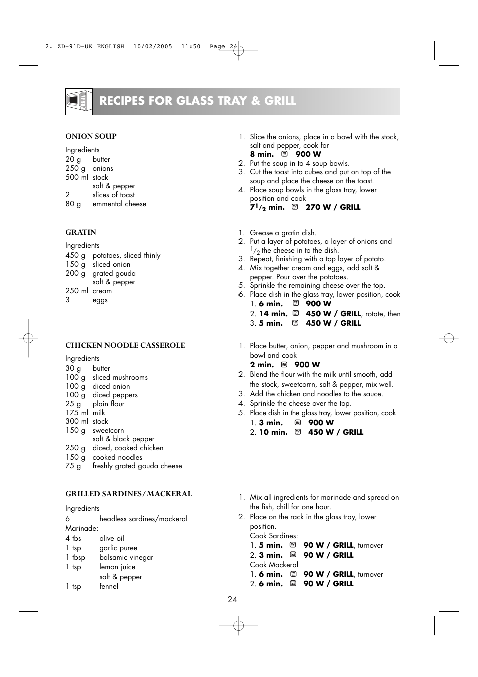 Recipes for glass tray & grill | Zanussi ZMC40ST User Manual | Page 26 / 44