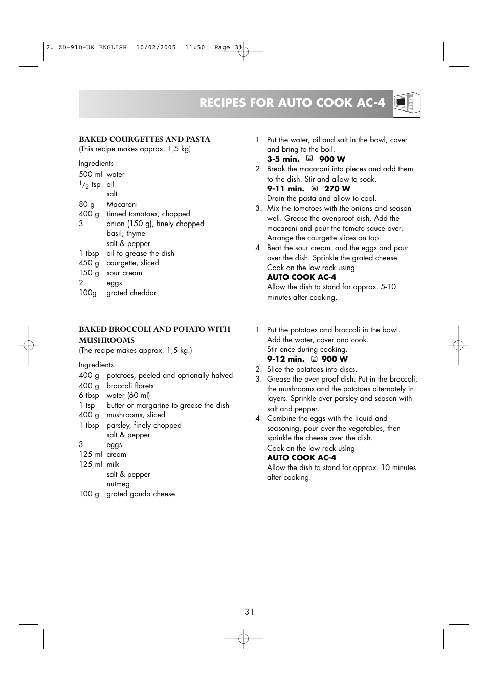 Recipes for auto cook ac-4 | Zanussi ZMC40ST User Manual | Page 33 / 44