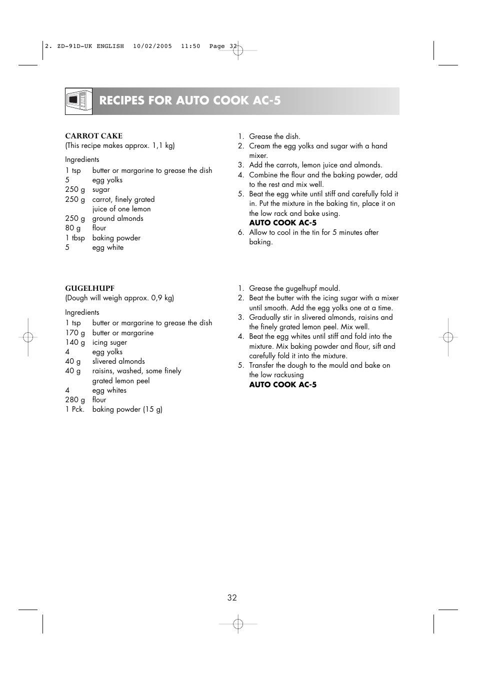 Recipes for auto cook ac-5 | Zanussi ZMC40ST User Manual | Page 34 / 44