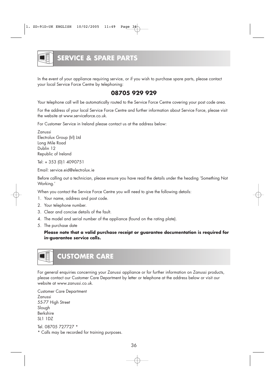 Service & spare parts customer care | Zanussi ZMC40ST User Manual | Page 38 / 44