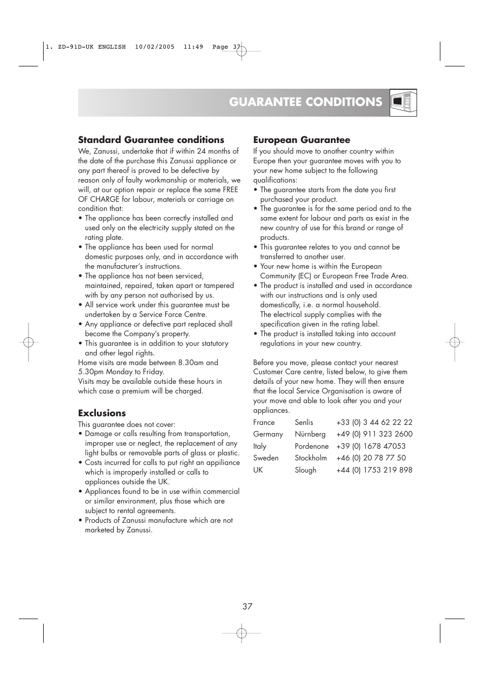 Guarantee conditions | Zanussi ZMC40ST User Manual | Page 39 / 44