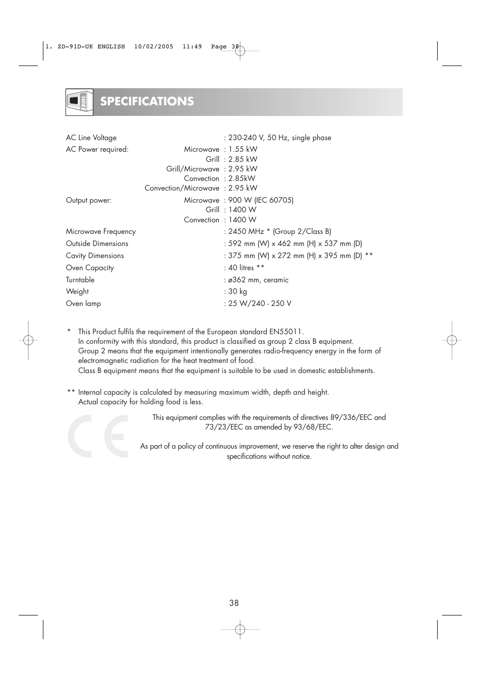 Specifications | Zanussi ZMC40ST User Manual | Page 40 / 44