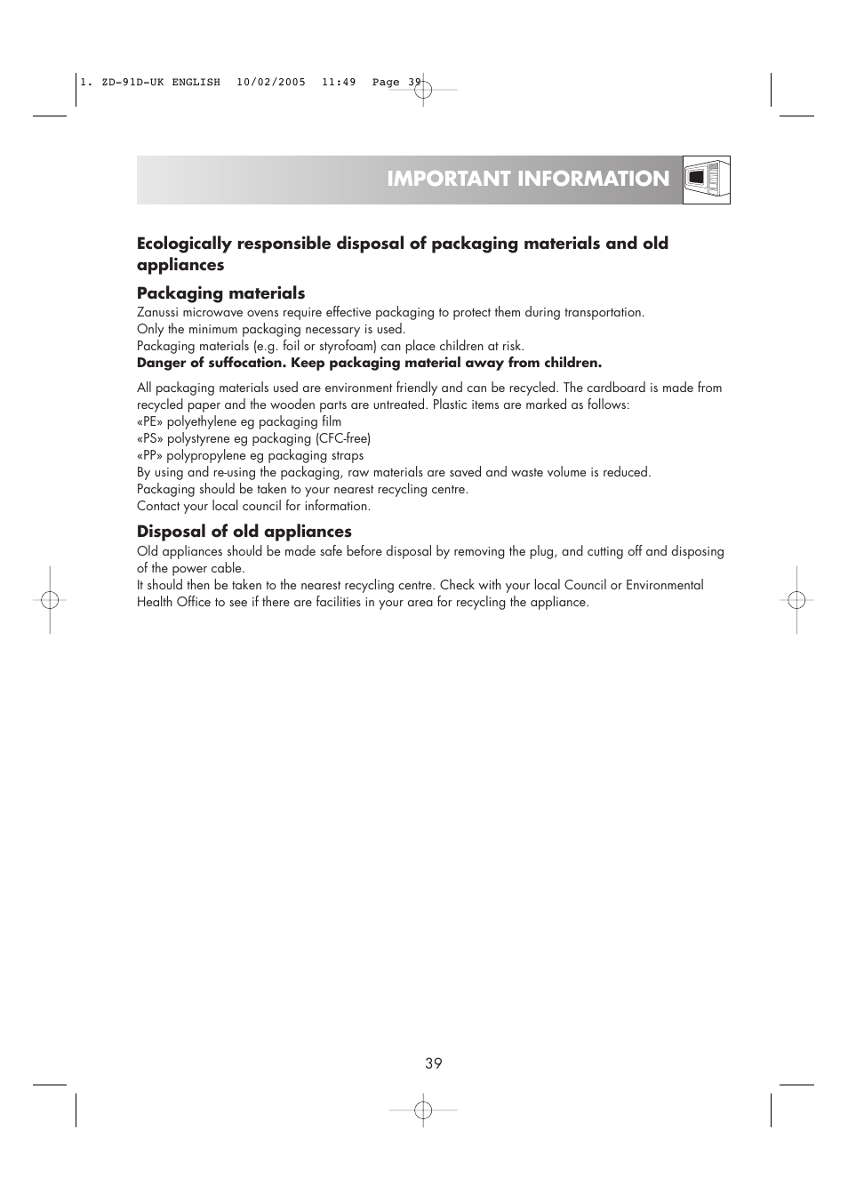 Important information | Zanussi ZMC40ST User Manual | Page 41 / 44