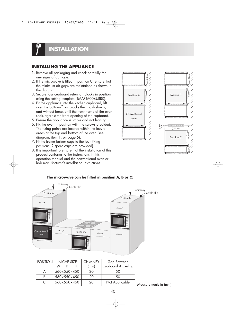 Installation, Installing the appliance | Zanussi ZMC40ST User Manual | Page 42 / 44