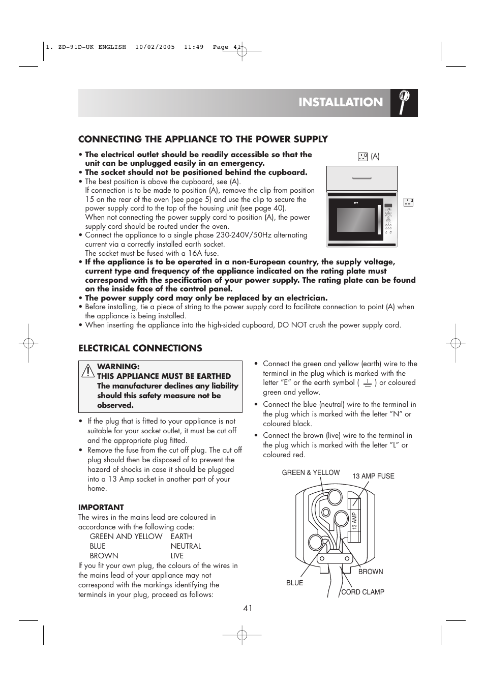 Installation | Zanussi ZMC40ST User Manual | Page 43 / 44