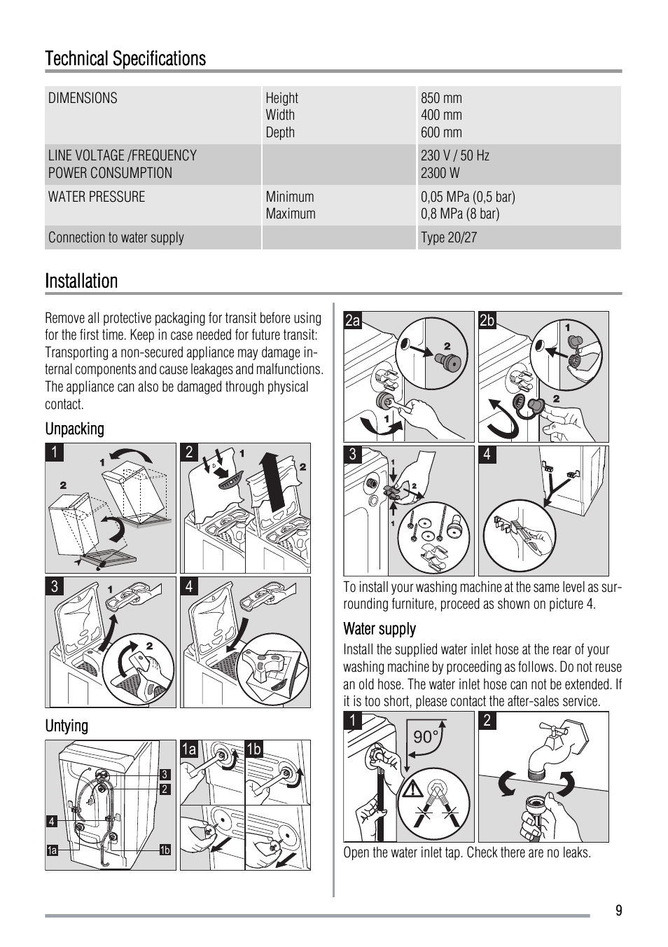 Technical specifications, Installation | Zanussi ZWQ 5100 User Manual | Page 9 / 12