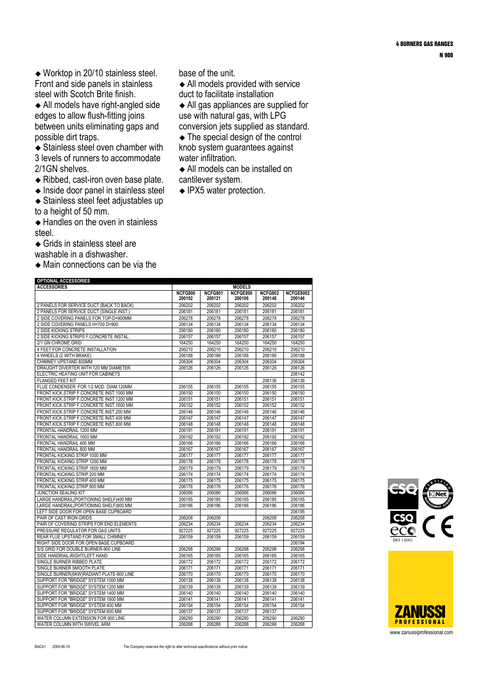 Zanussi, Ribbed, cast-iron oven base plate, Inside door panel in stainless steel | Handles on the oven in stainless steel, Main connections can be via the base of the unit, All models can be installed on cantilever system, Ipx5 water protection | Zanussi 200106 User Manual | Page 2 / 3