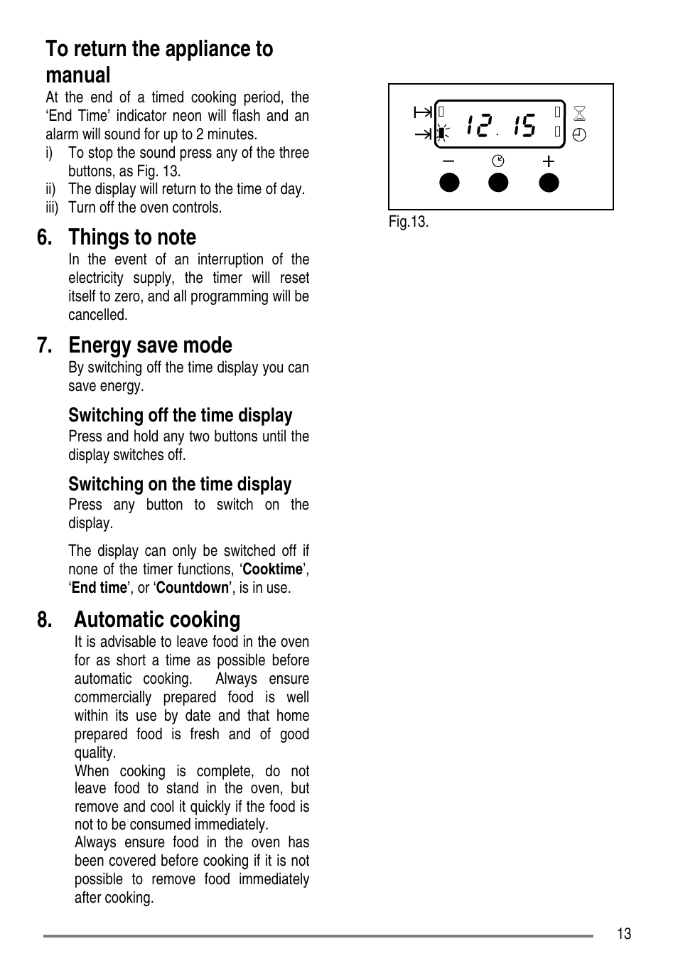 Energy save mode, Automatic cooking, Switching off the time display | Switching on the time display | Zanussi ZCE7550-ZCE7551 User Manual | Page 13 / 40