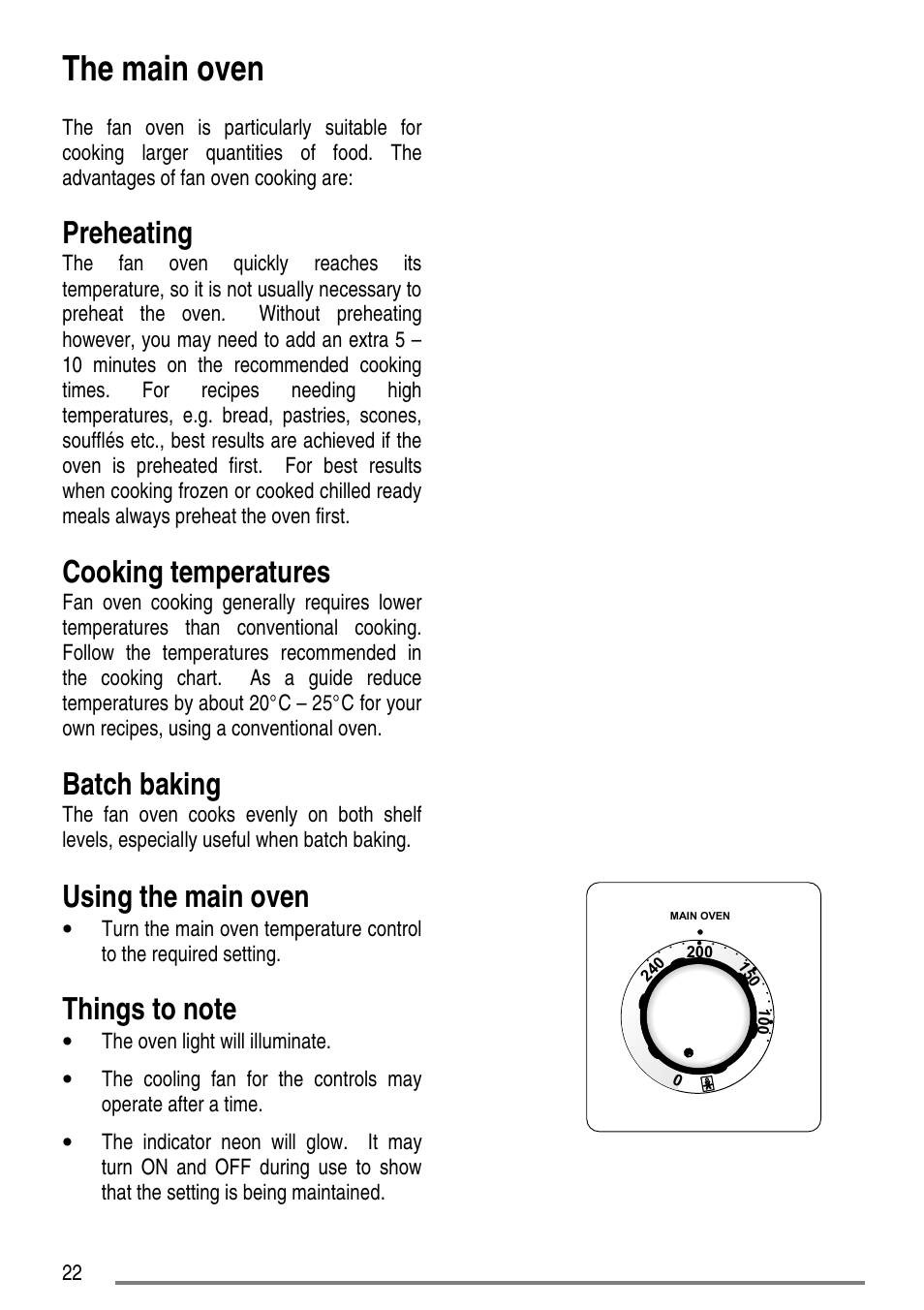 The main oven, Preheating, Cooking temperatures | Batch baking, Using the main oven | Zanussi ZCE7550-ZCE7551 User Manual | Page 22 / 40